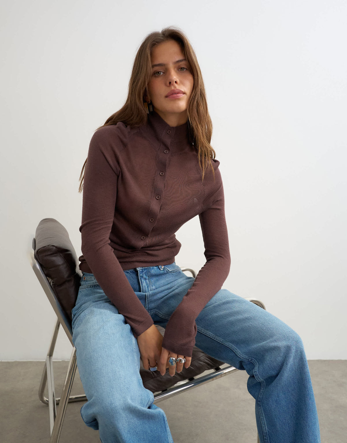 Topshop knitted high funnel neck henley top in aubergine