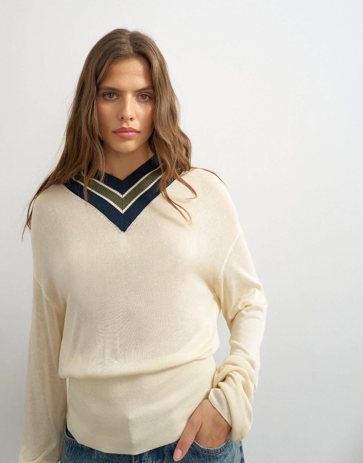 Topshop knitted striped high v jumper in ecru and blue