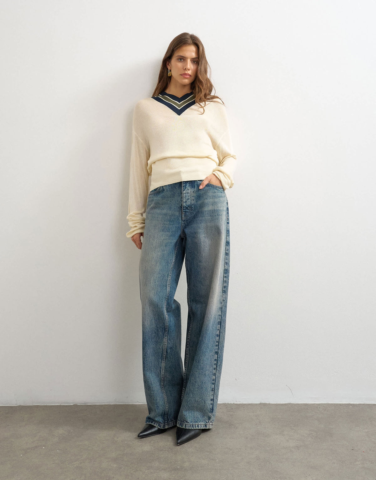 Topshop knitted striped high v jumper in ecru and blue