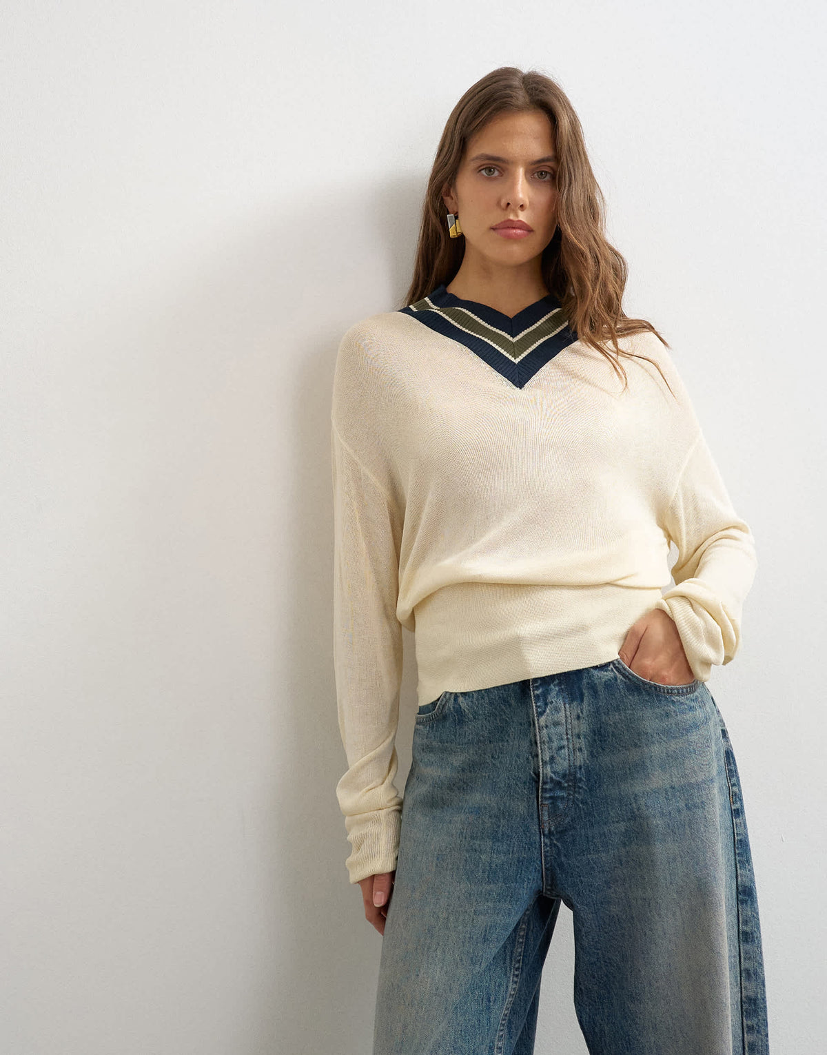 Topshop knitted striped high v jumper in ecru and blue