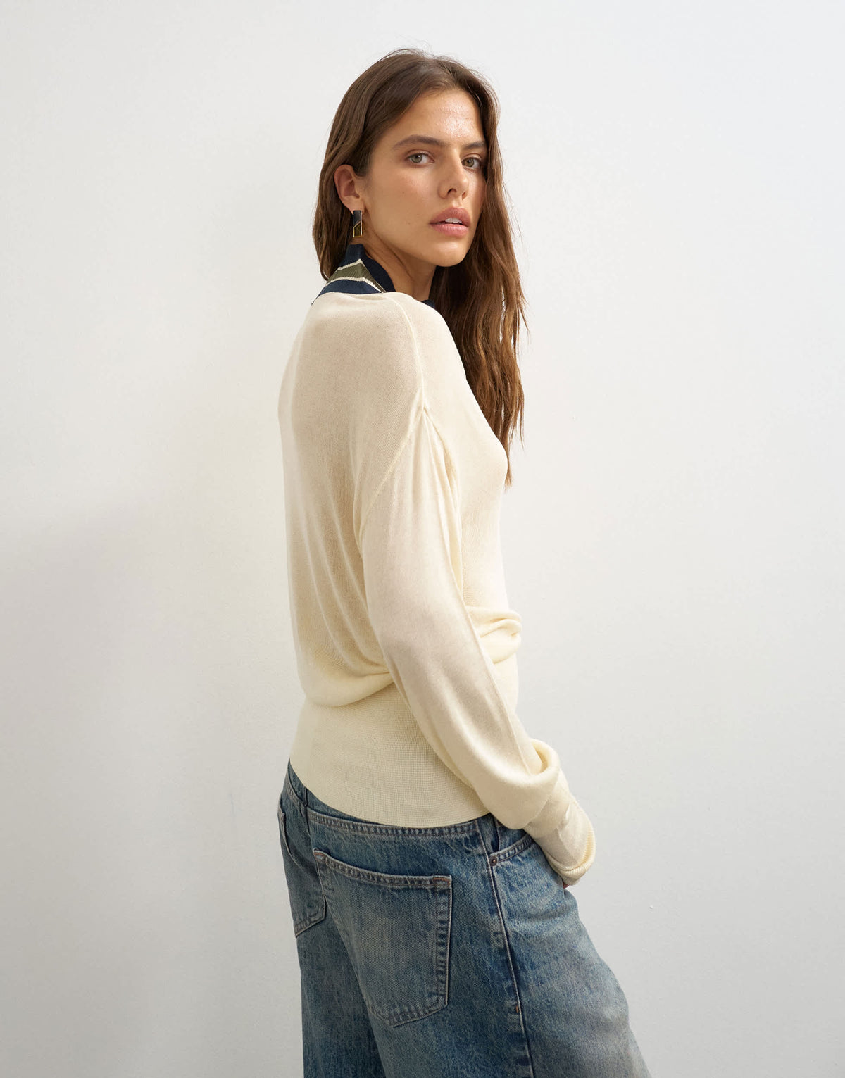 Topshop knitted striped high v jumper in ecru and blue