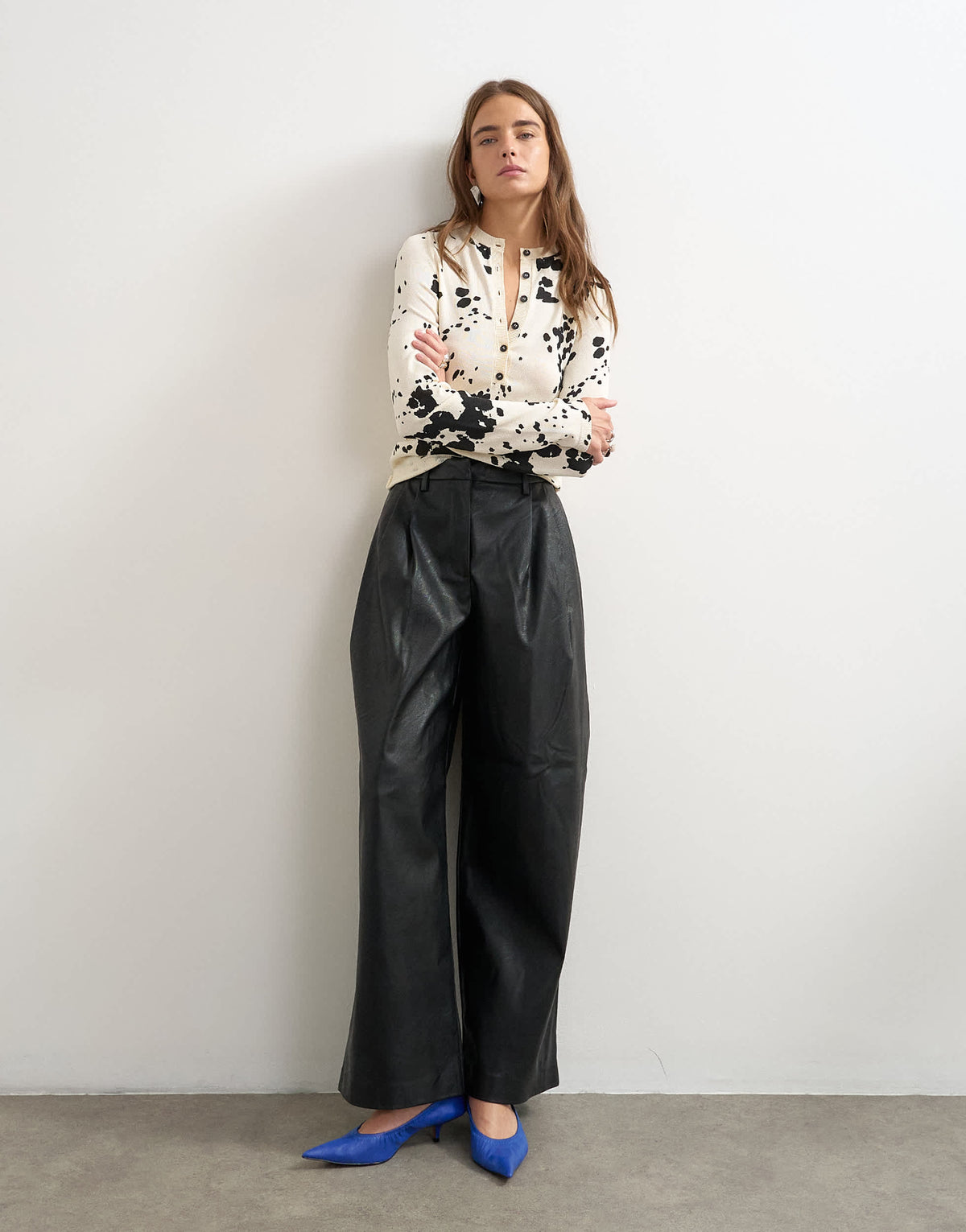 Topshop knitted animal print sheer henley top in ivory