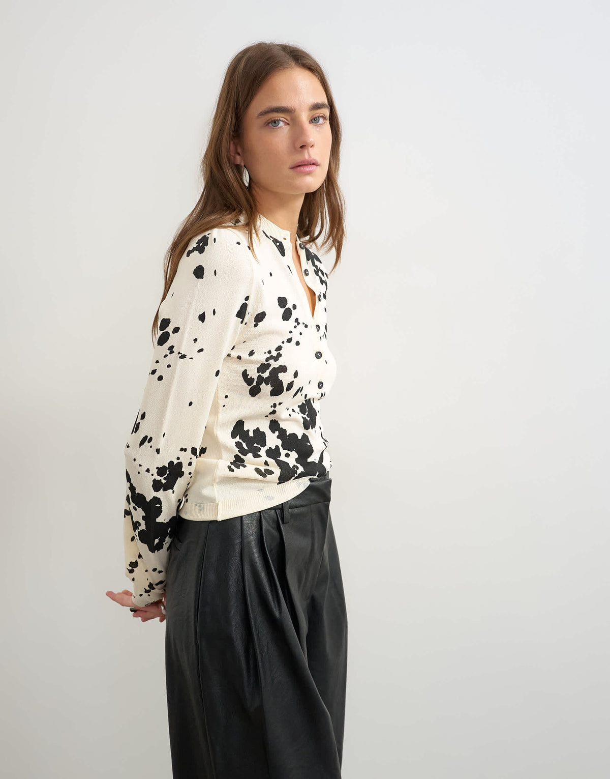 Topshop knitted animal print sheer henley top in ivory