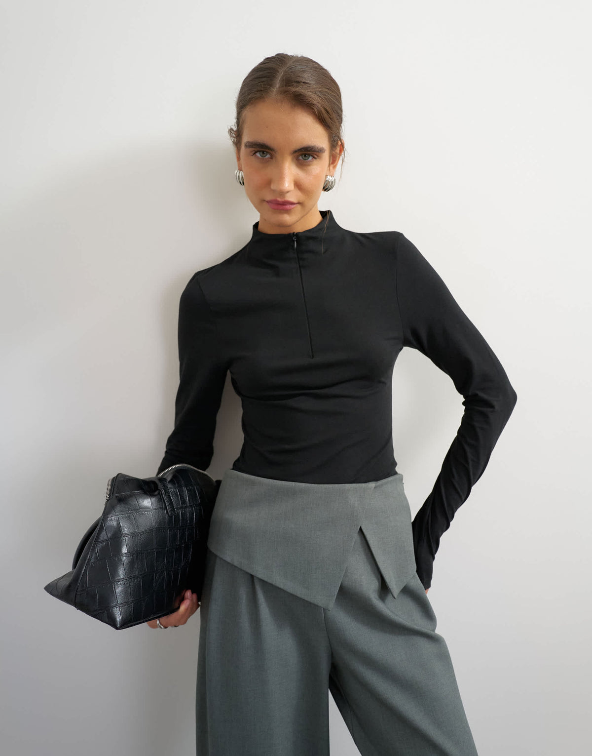 Topshop grown on neck zip long sleeve top in black