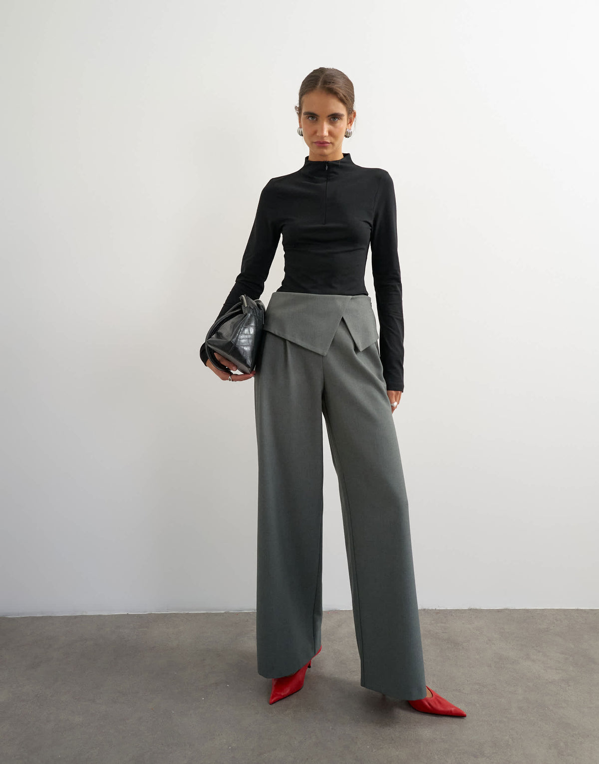 Topshop grown on neck zip long sleeve top in black