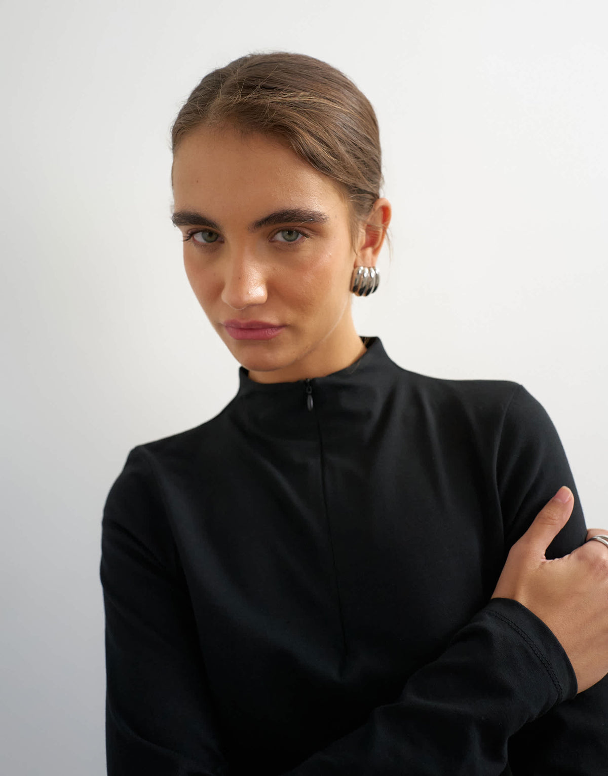 Topshop grown on neck zip long sleeve top in black