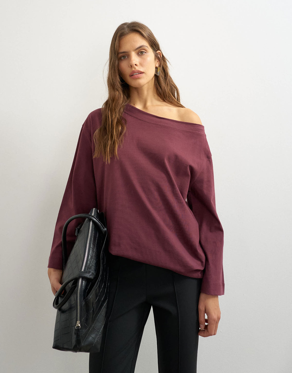 Topshop long sleeve fallen shoulder top in plum