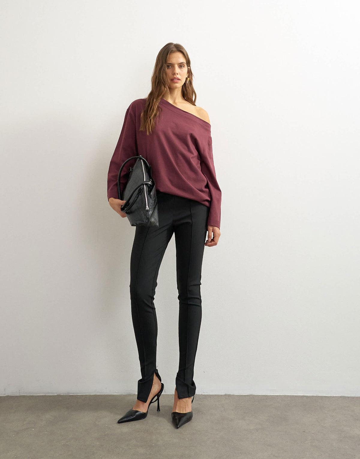 Topshop long sleeve fallen shoulder top in plum