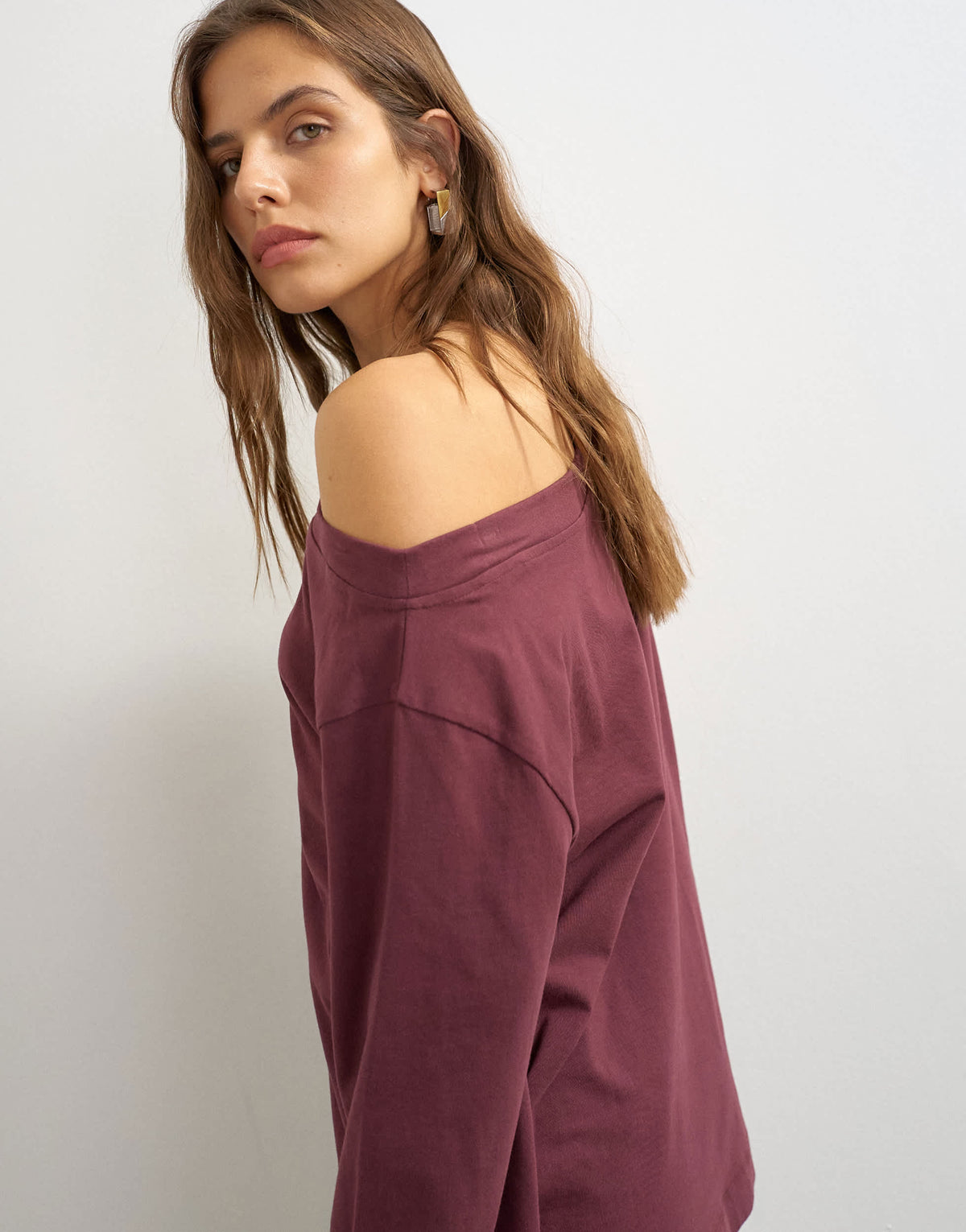 Topshop long sleeve fallen shoulder top in plum