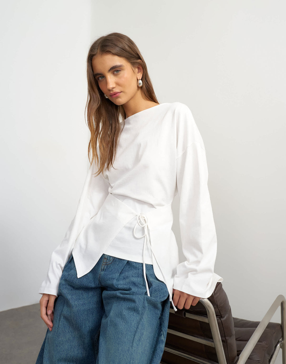 Topshop slash neck tie front top in ecru