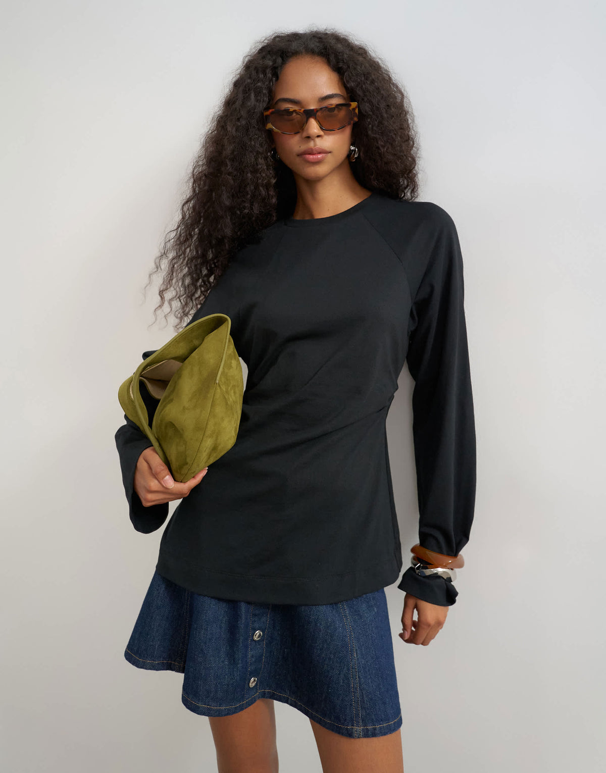 Topshop cinched waist long sleeve raglan t-shirt in black