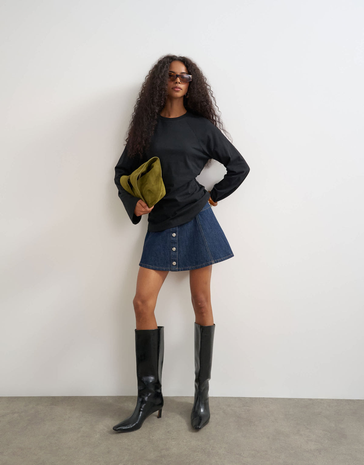 Topshop cinched waist long sleeve raglan t-shirt in black