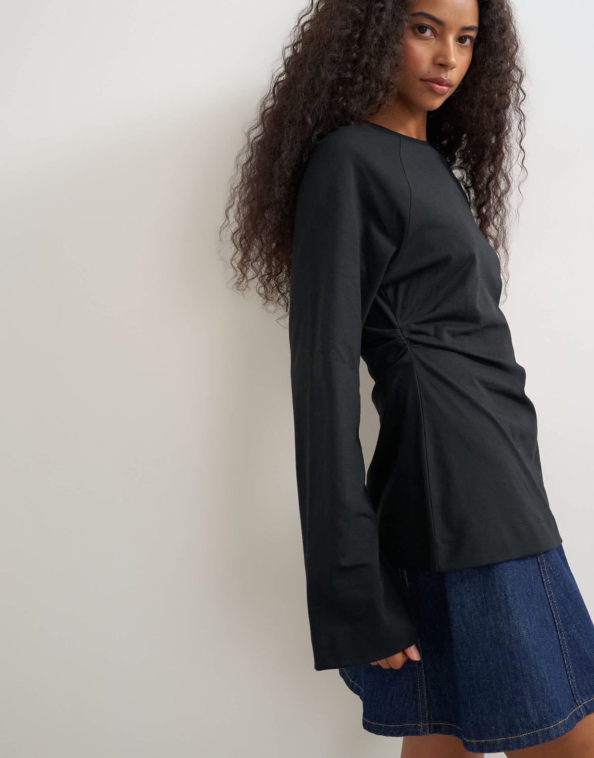 Topshop cinched waist long sleeve raglan t-shirt in black