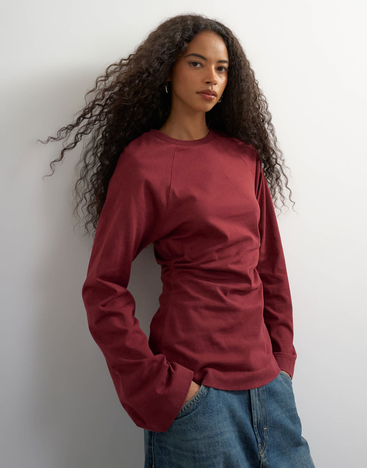 Topshop cinched waist long sleeve raglan t-shirt in washed burgundy