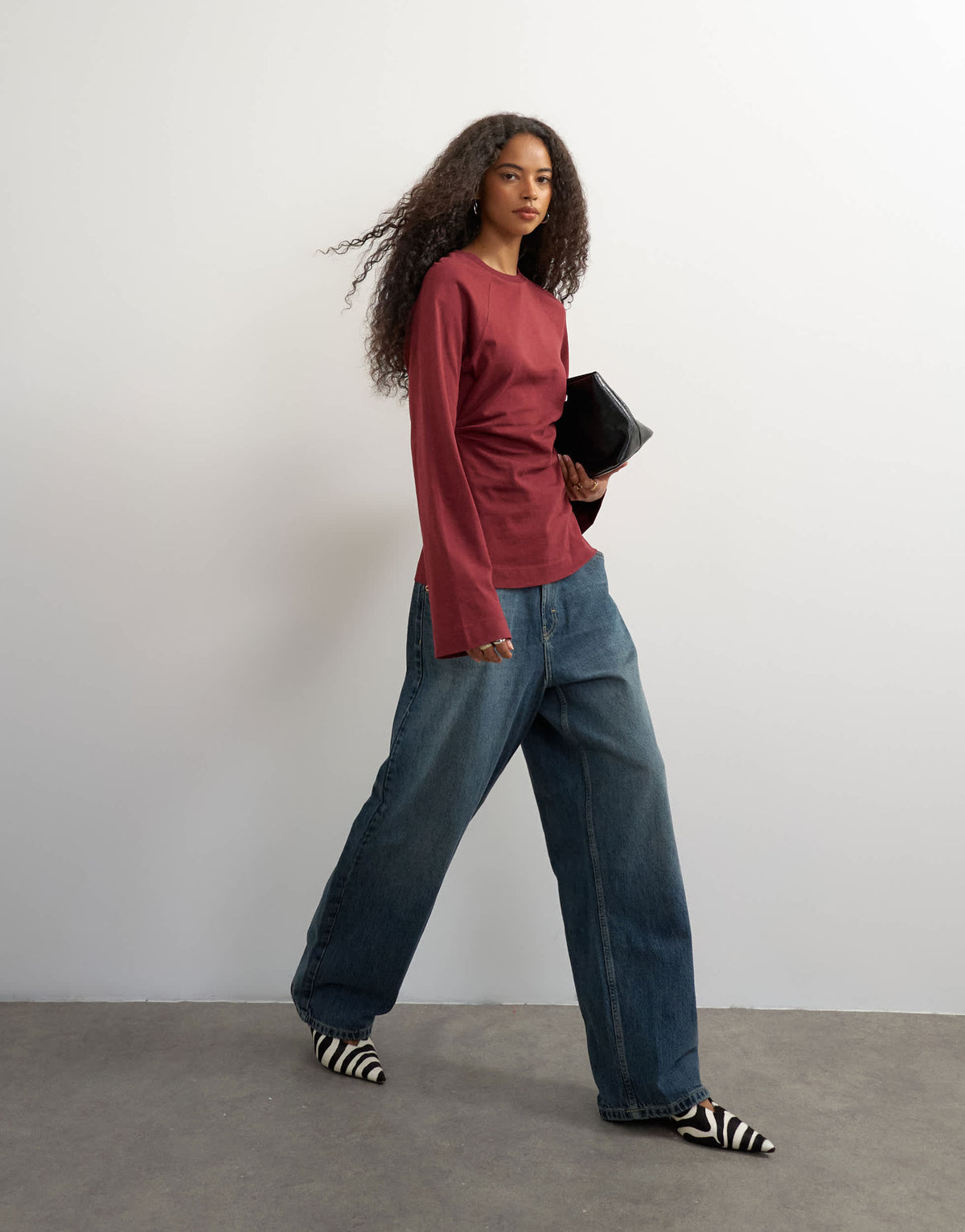 Topshop cinched waist long sleeve raglan t-shirt in washed burgundy