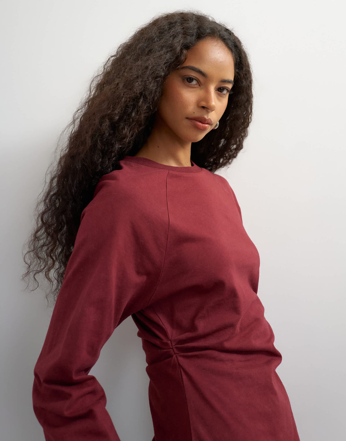 Topshop cinched waist long sleeve raglan t-shirt in washed burgundy