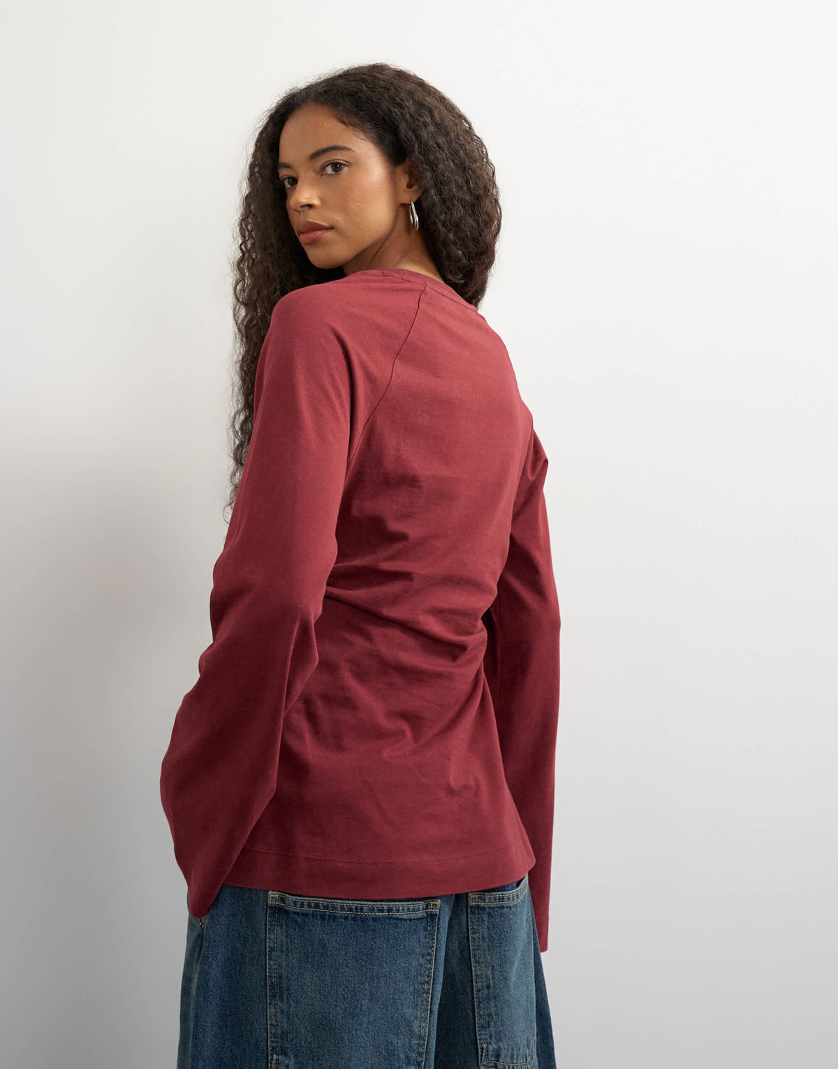 Topshop cinched waist long sleeve raglan t-shirt in washed burgundy