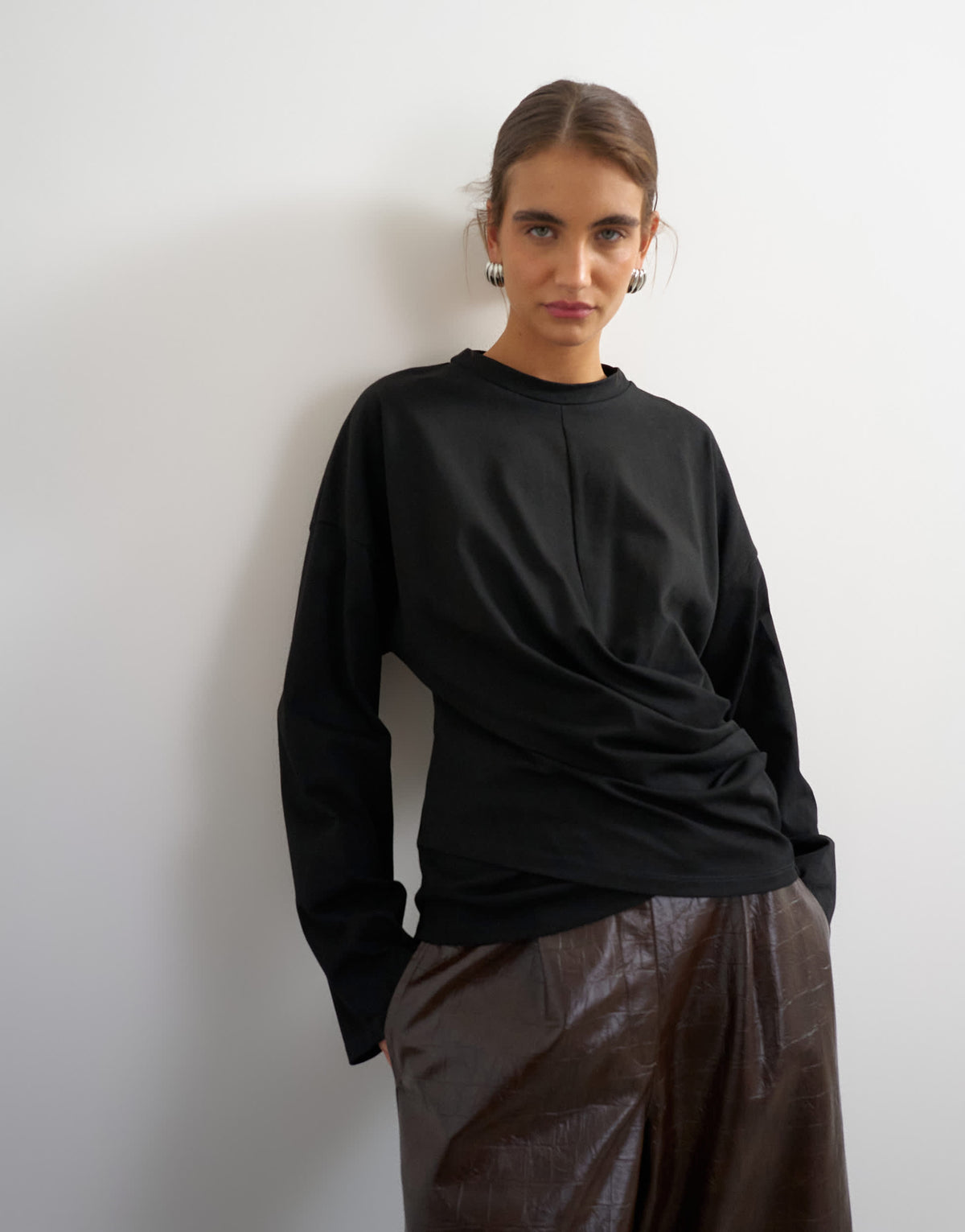Topshop long sleeve draped detail top in black