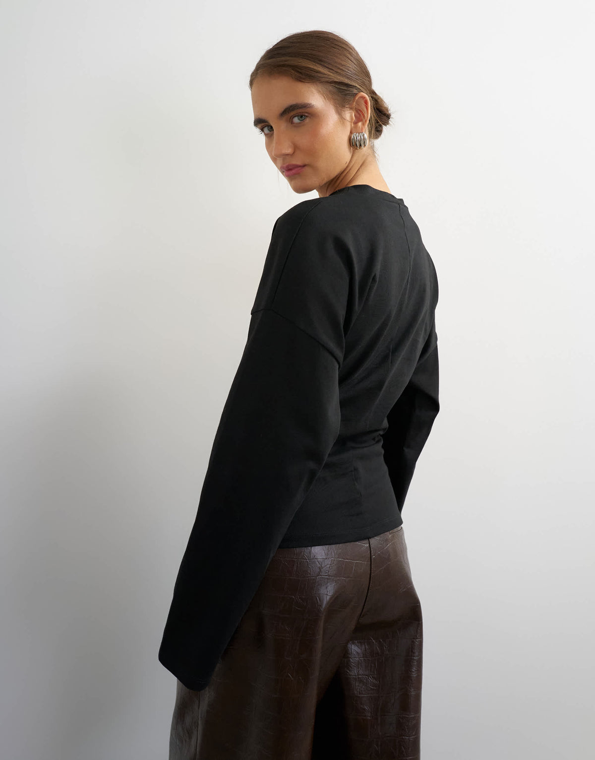 Topshop long sleeve draped detail top in black