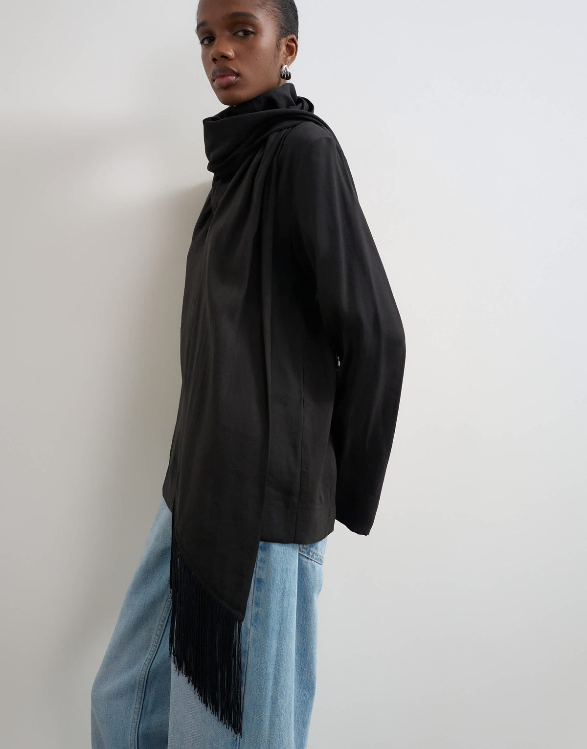 Topshop funnel neck zip top with fringe scarf detail in black