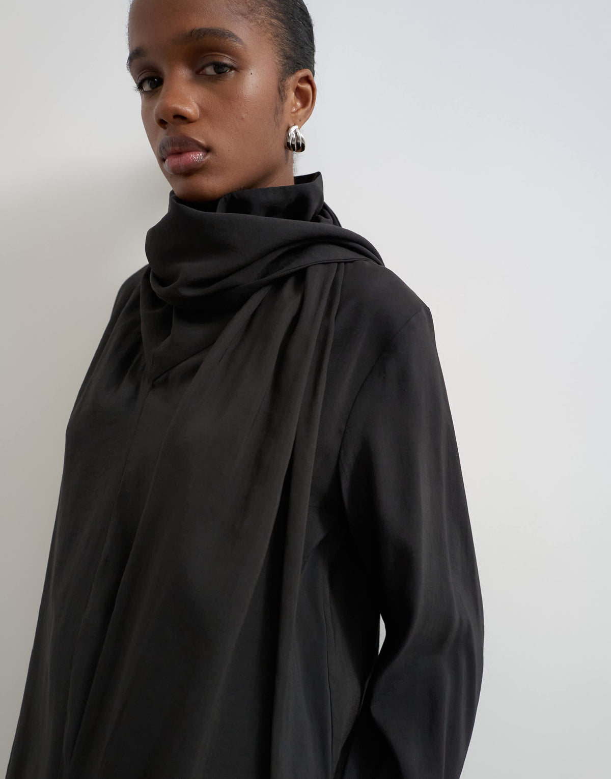 Topshop funnel neck zip top with fringe scarf detail in black