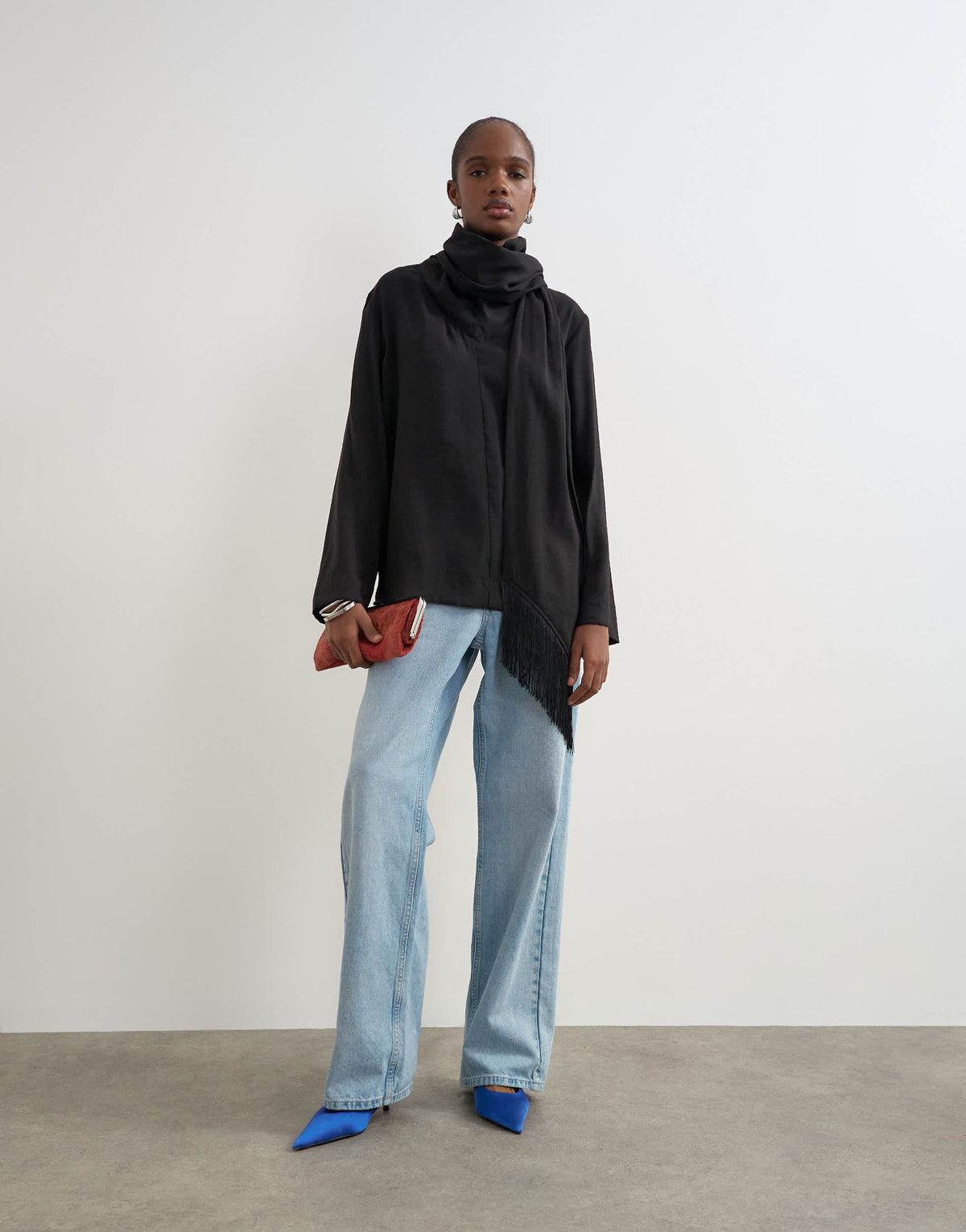 Topshop funnel neck zip top with fringe scarf detail in black