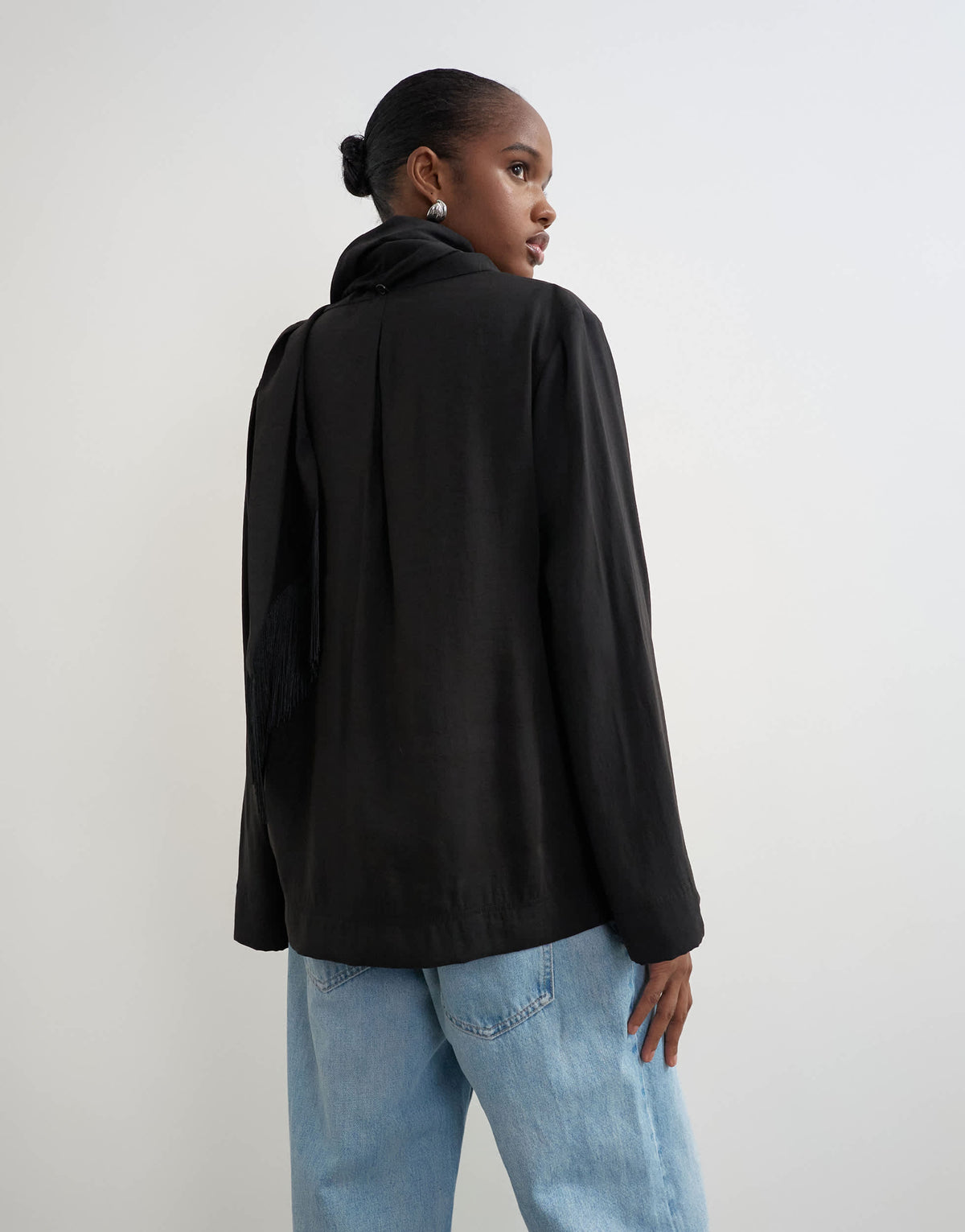 Topshop funnel neck zip top with fringe scarf detail in black