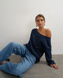 Topshop long sleeve fallen shoulder top in navy
