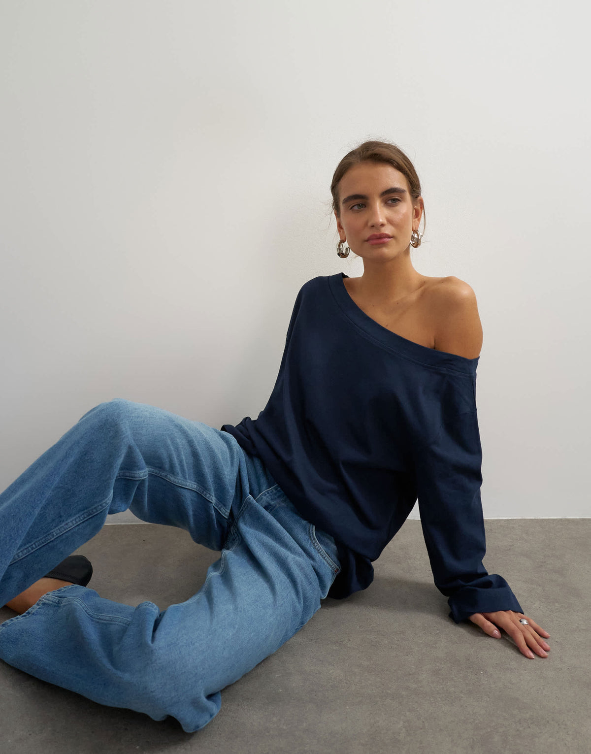 Topshop long sleeve fallen shoulder top in navy
