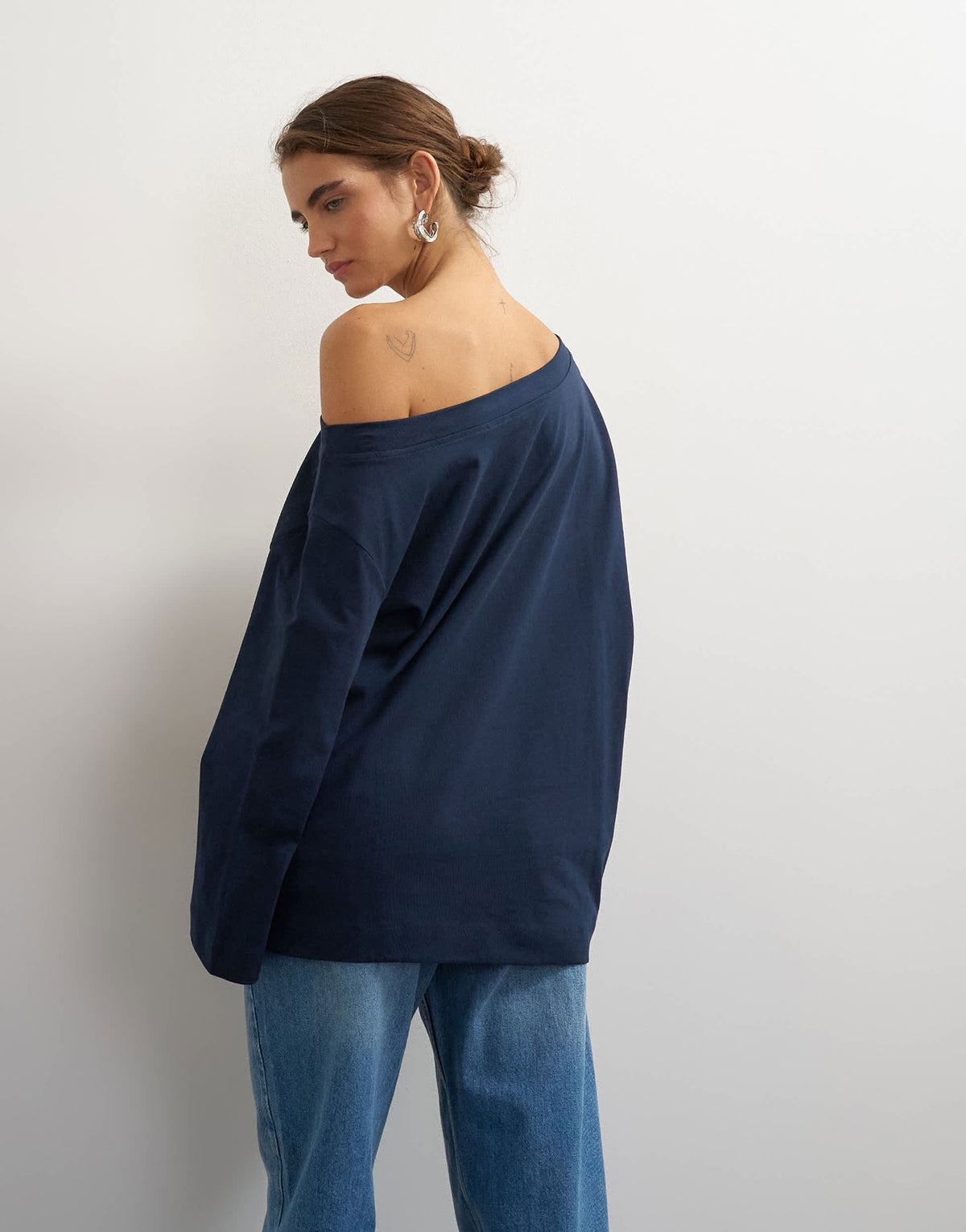 Topshop long sleeve fallen shoulder top in navy