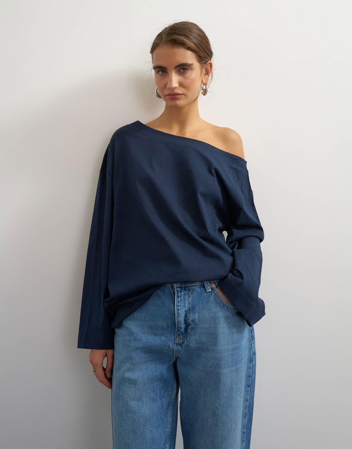 Topshop long sleeve fallen shoulder top in navy