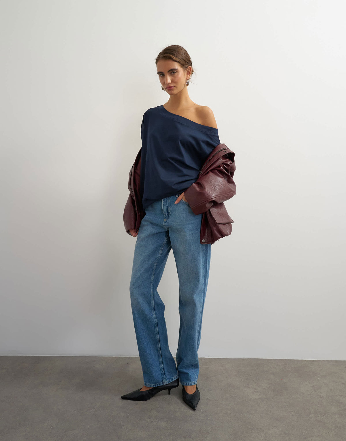 Topshop long sleeve fallen shoulder top in navy