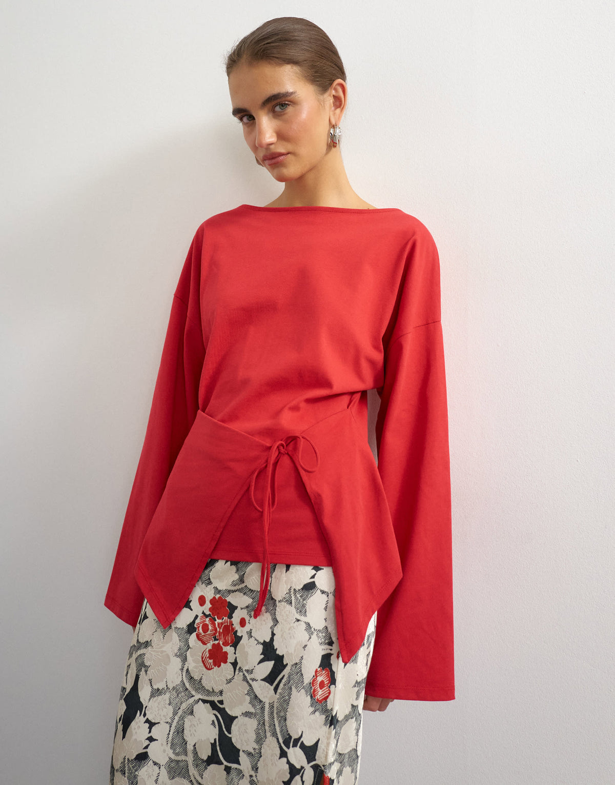 Topshop slash neck tie front top in red
