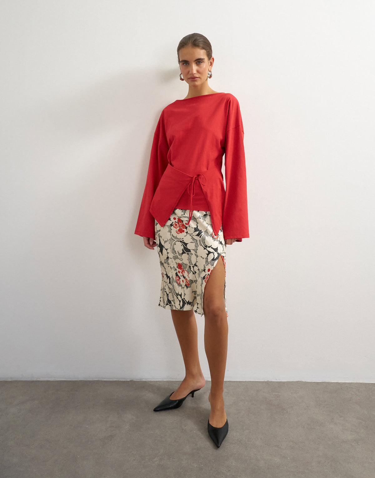 Topshop slash neck tie front top in red