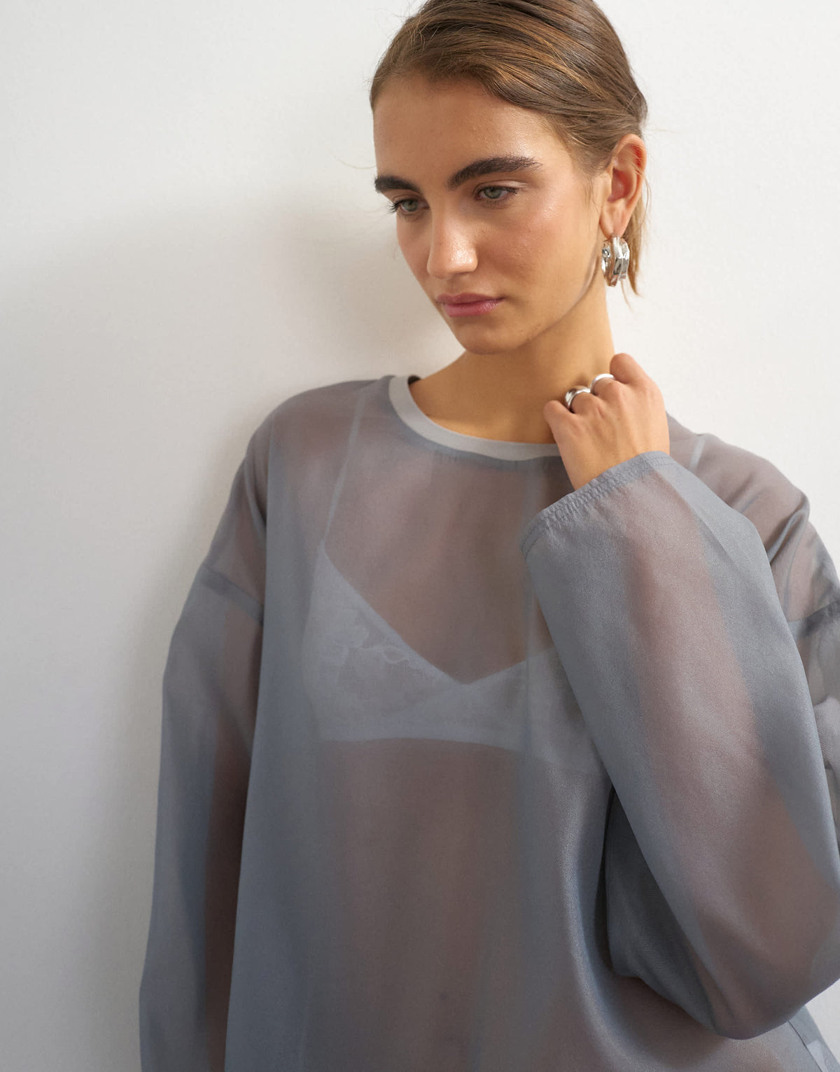 Topshop organza crew neck oversized top in grey