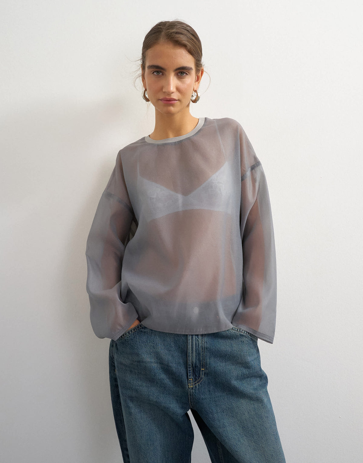 Topshop organza crew neck oversized top in grey