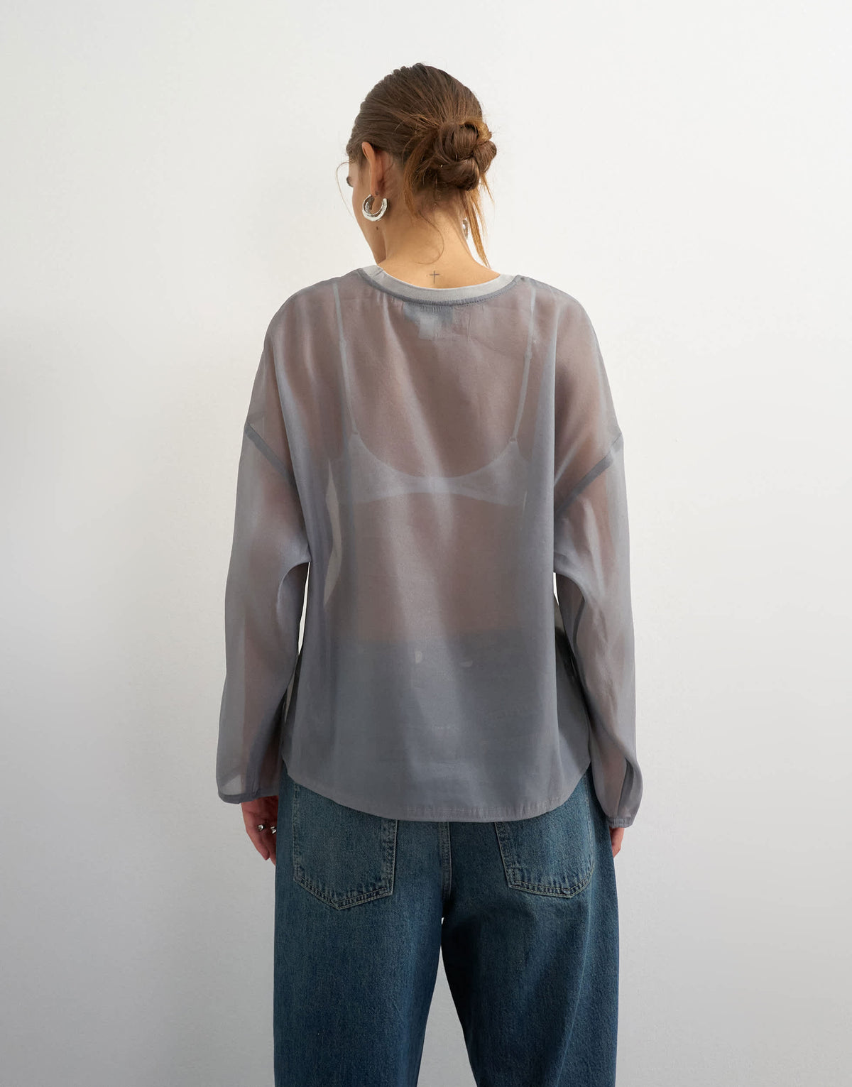 Topshop organza crew neck oversized top in grey