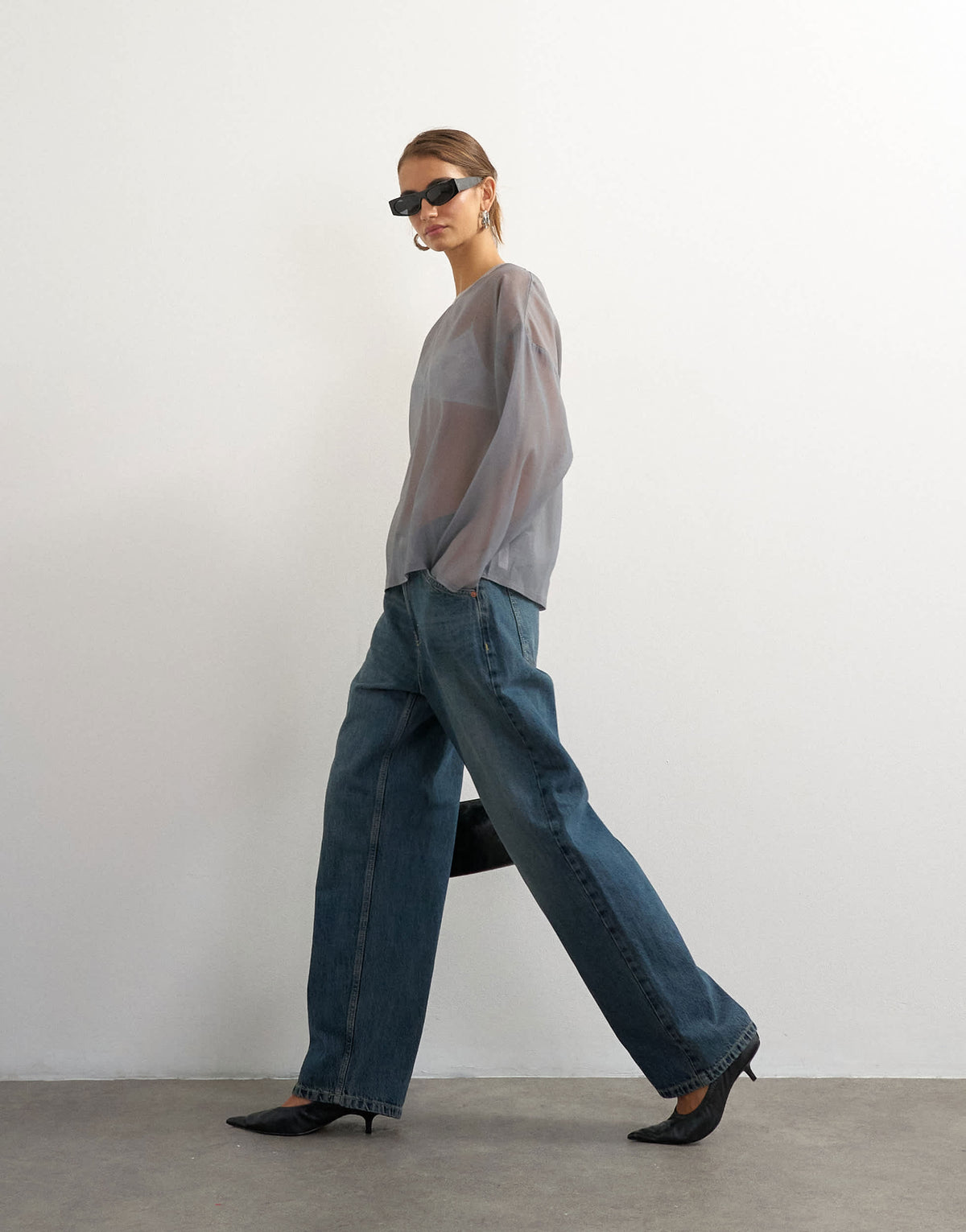 Topshop organza crew neck oversized top in grey