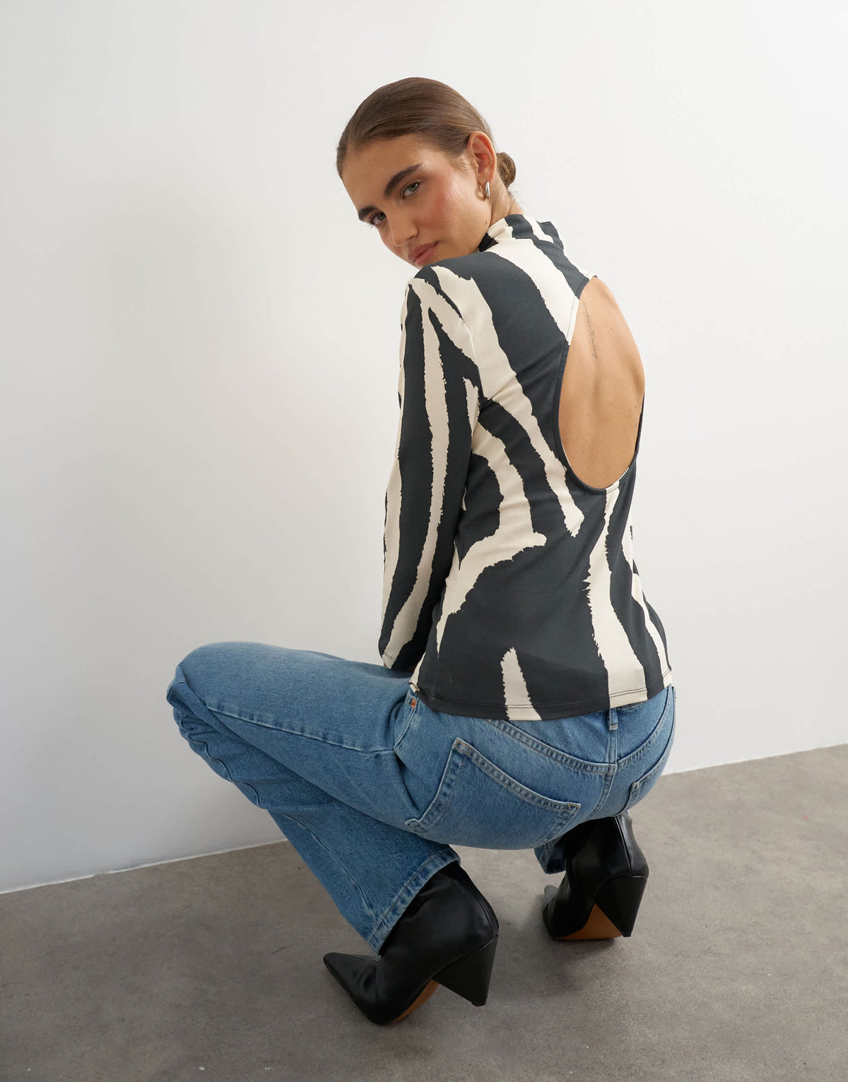 Topshop zebra high neck open back 3/4 sleeve top in black