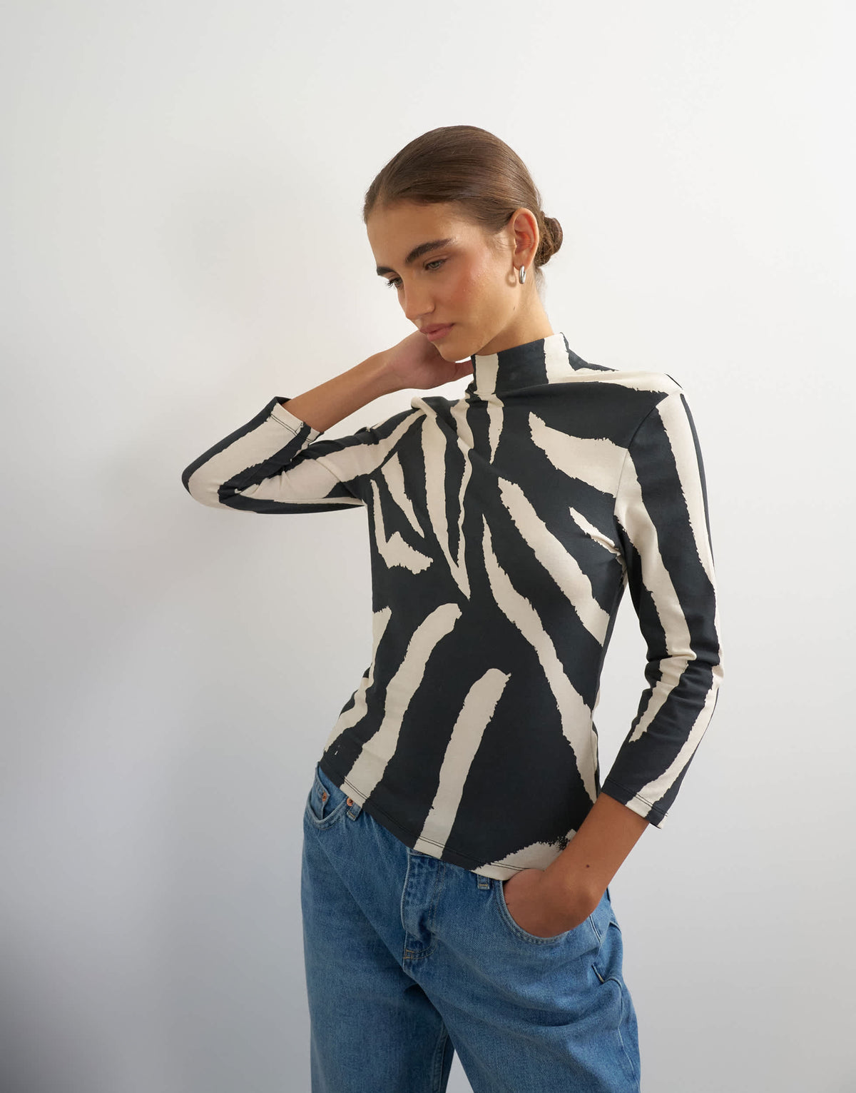 Topshop zebra high neck open back 3/4 sleeve top in black