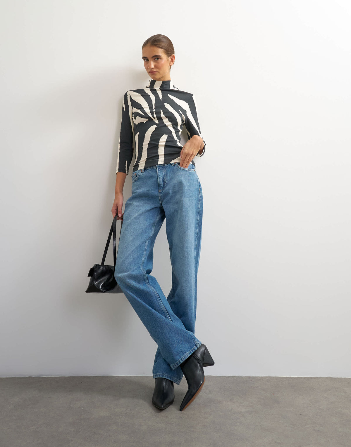 Topshop zebra high neck open back 3/4 sleeve top in black