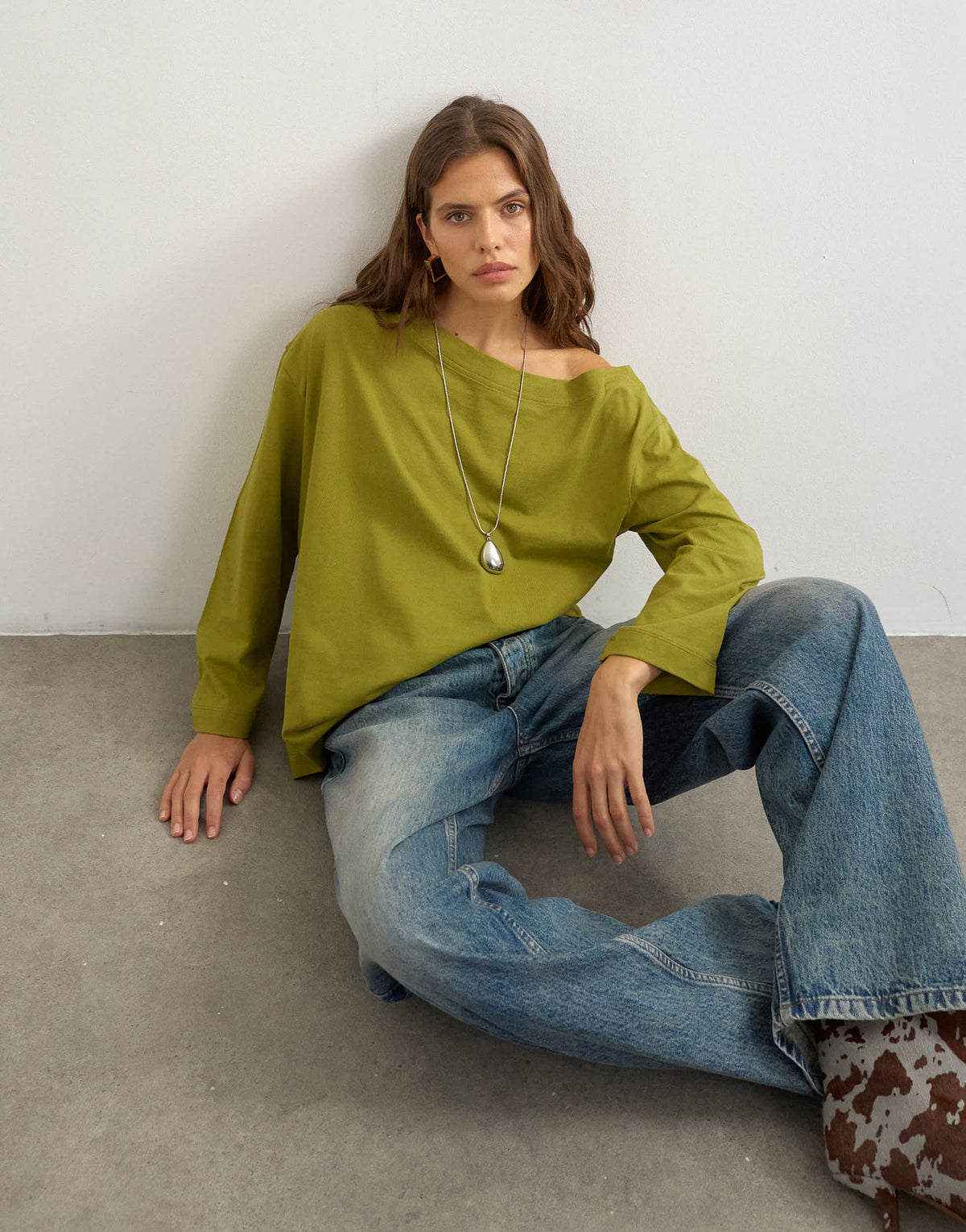 Topshop long sleeve fallen shoulder top in moss green