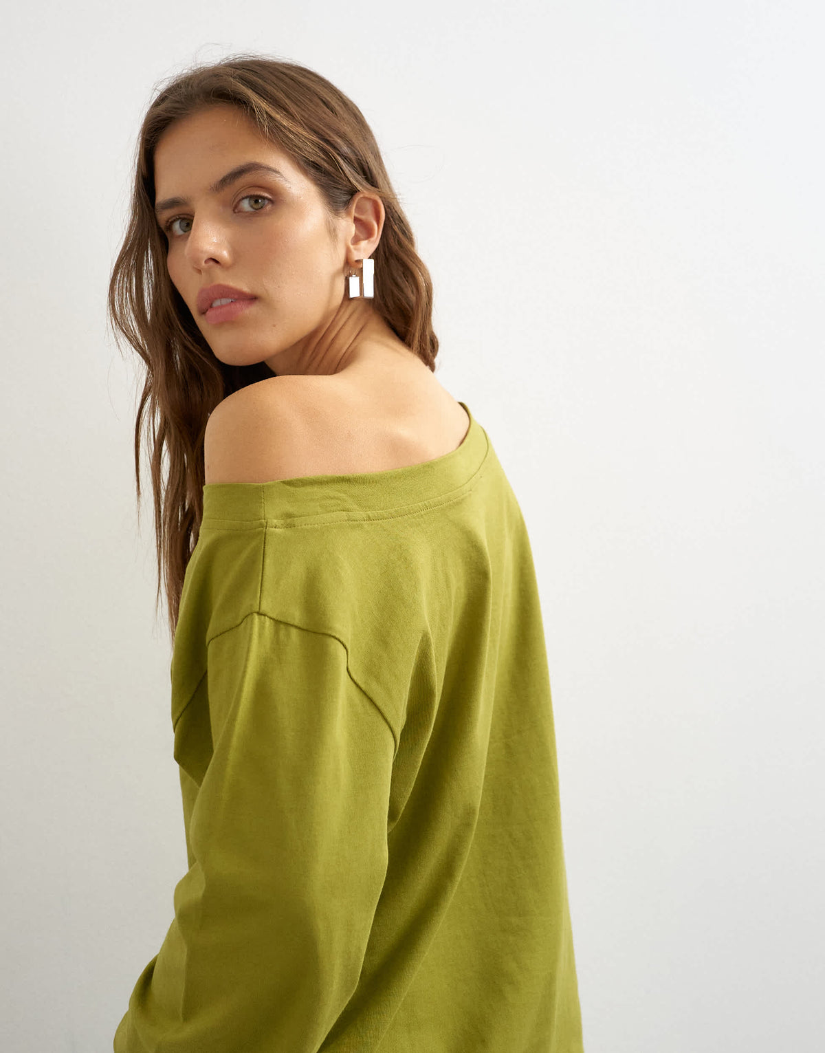 Topshop long sleeve fallen shoulder top in moss green