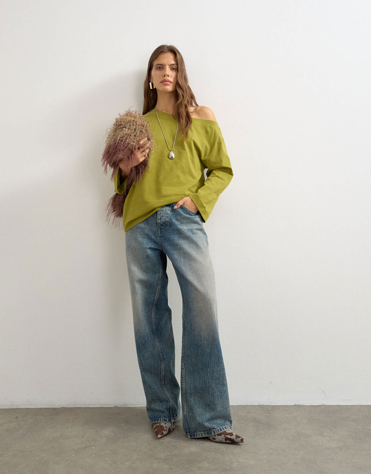 Topshop long sleeve fallen shoulder top in moss green