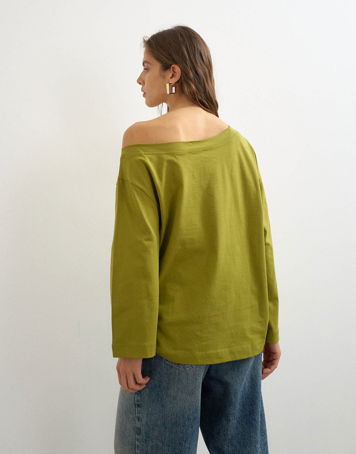 Topshop long sleeve fallen shoulder top in moss green