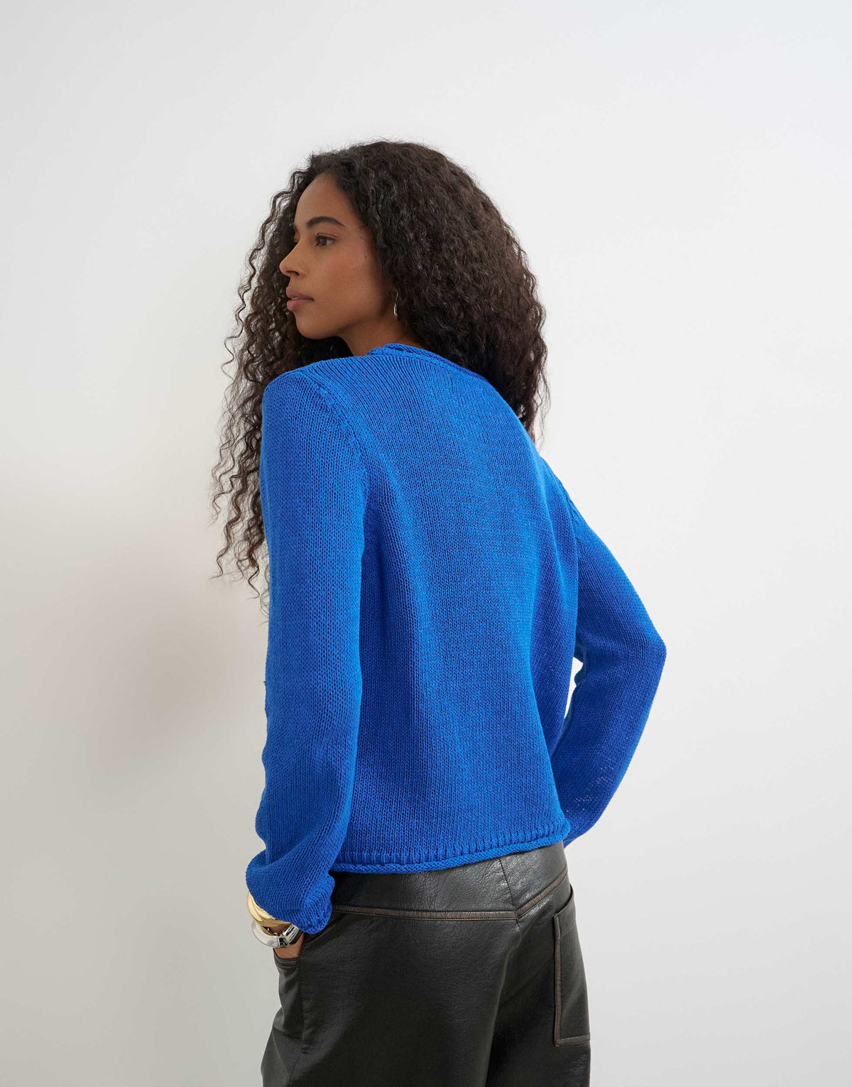 Topshop knitted long sleeve top with roll hem trims in blue