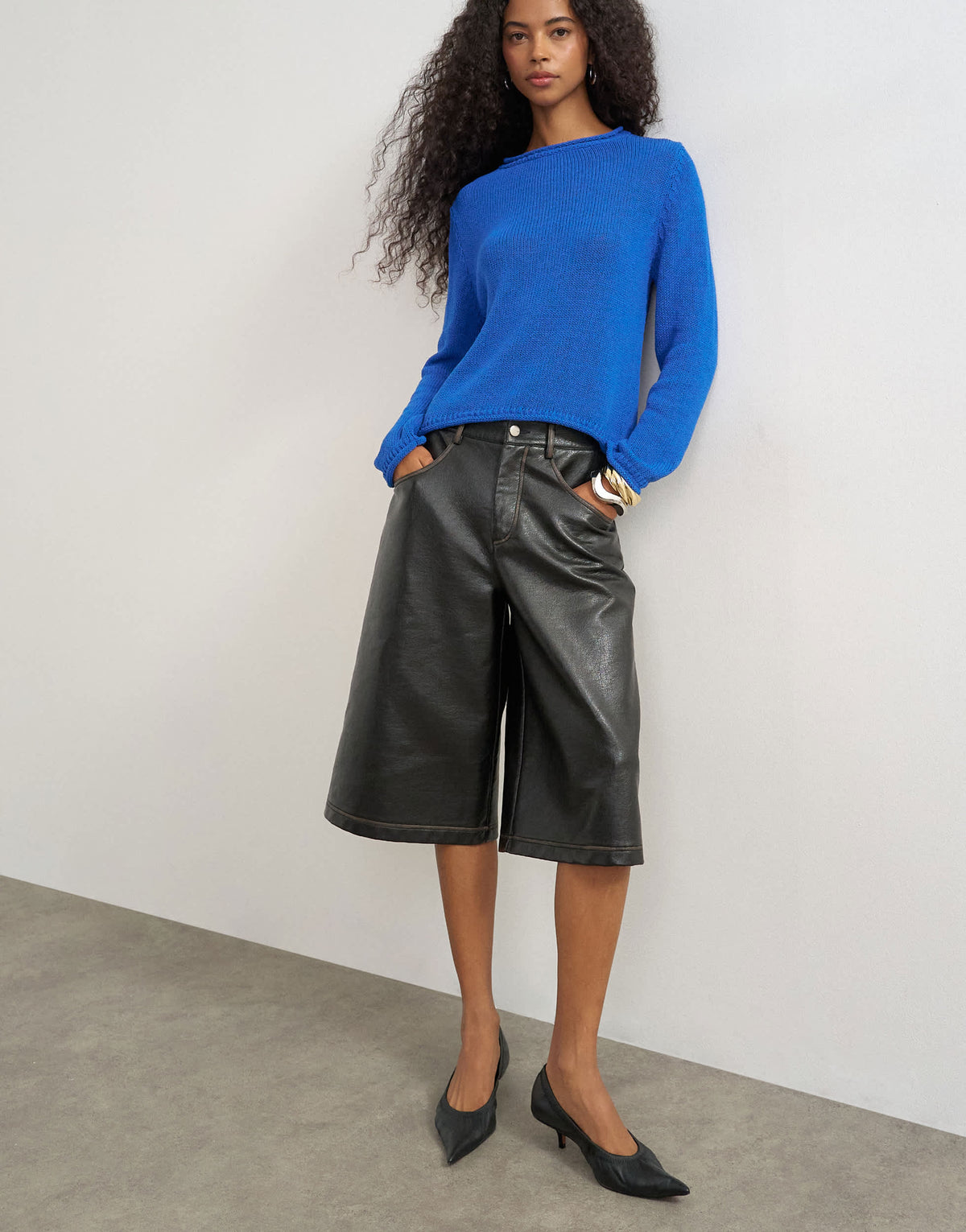 Topshop knitted long sleeve top with roll hem trims in blue