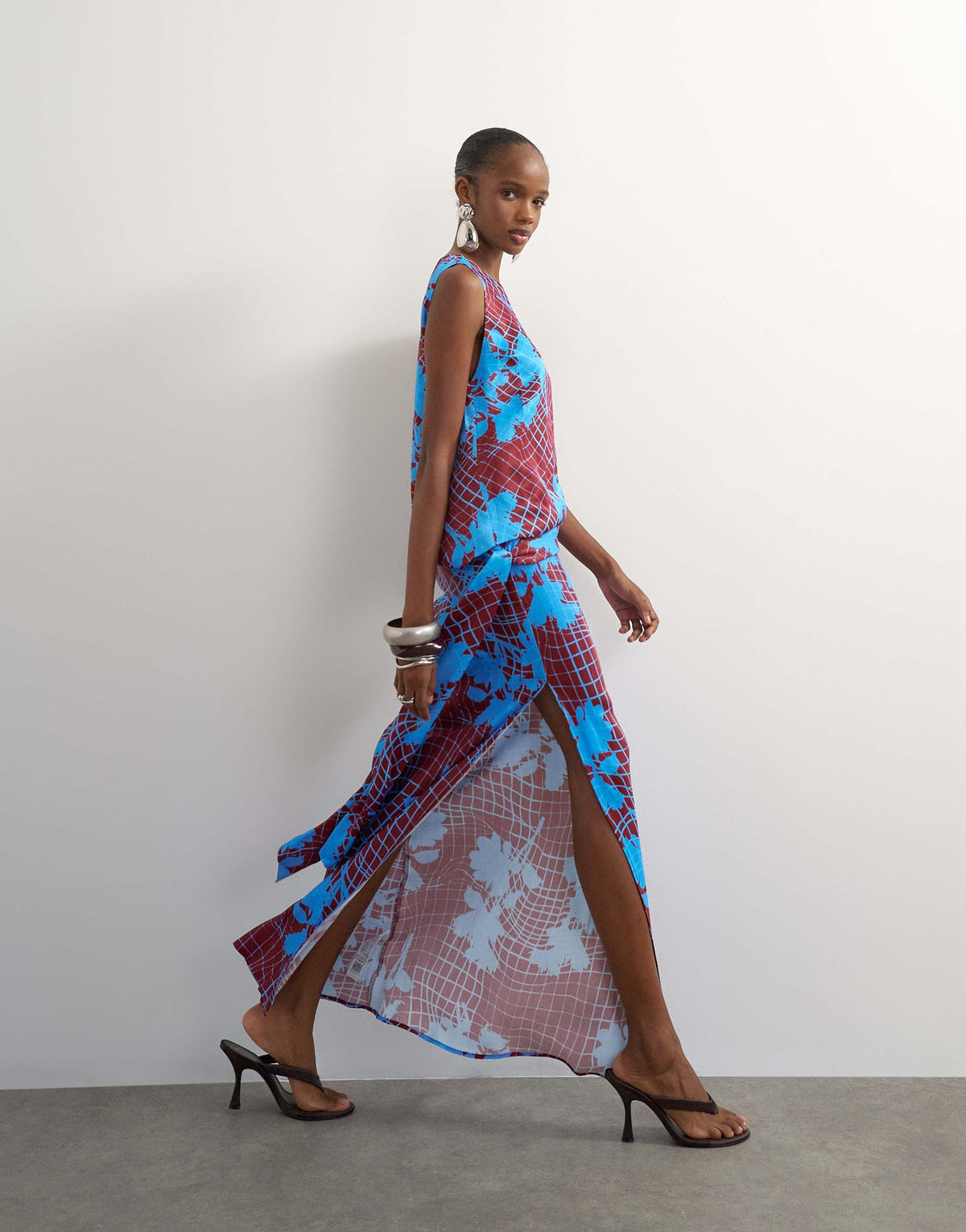 Topshop viscose satin racer neck blouson dropped asymmetric waist maxi dress in brown wavy floral print