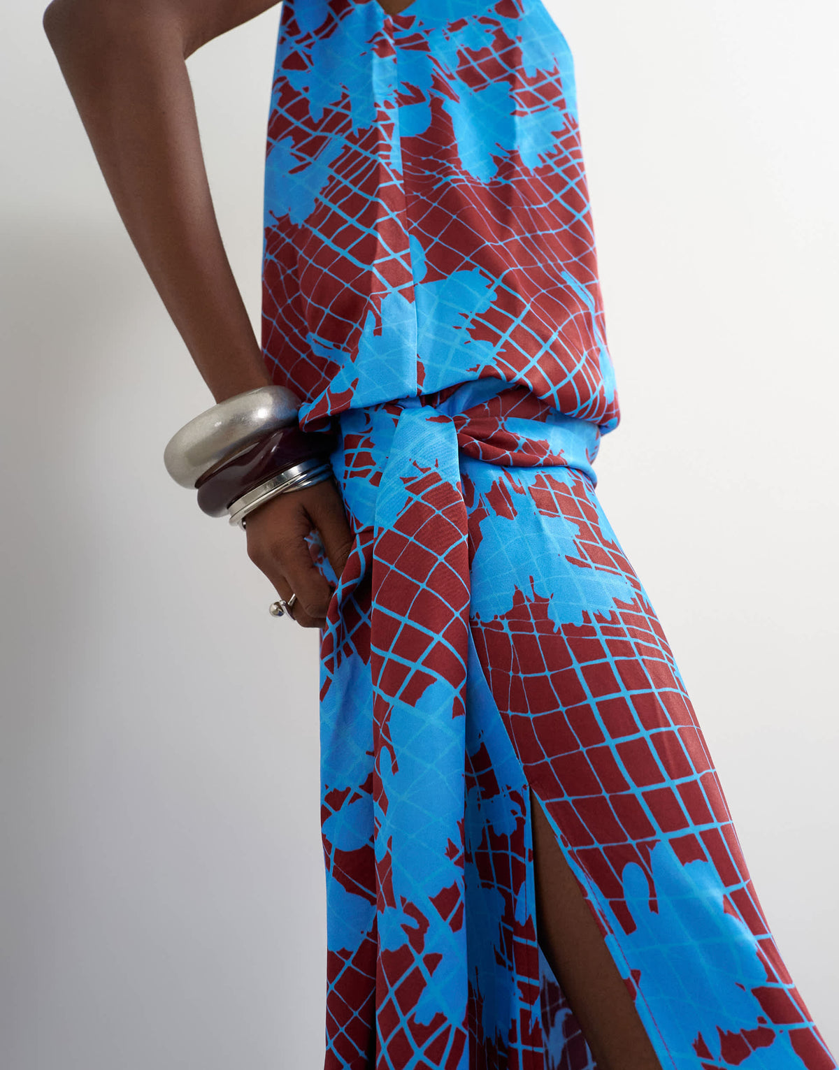 Topshop viscose satin racer neck blouson dropped asymmetric waist maxi dress in brown wavy floral print