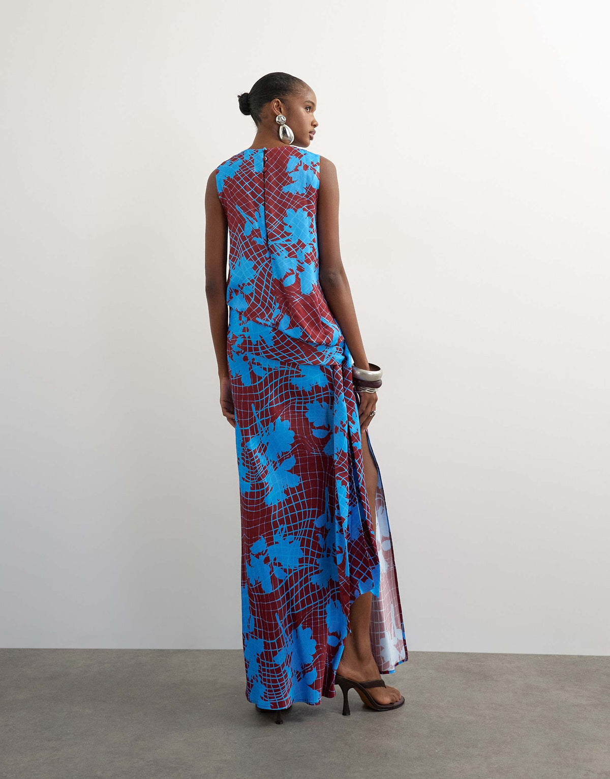 Topshop viscose satin racer neck blouson dropped asymmetric waist maxi dress in brown wavy floral print
